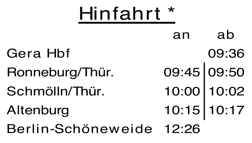 Fahrplan Städteexpress Hinfahrt